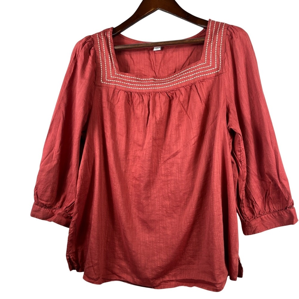 Old Navy Womens XL Embroidered Square Neck Top Red Sumac Cotton Boho Peasant - Picture 1 of 10